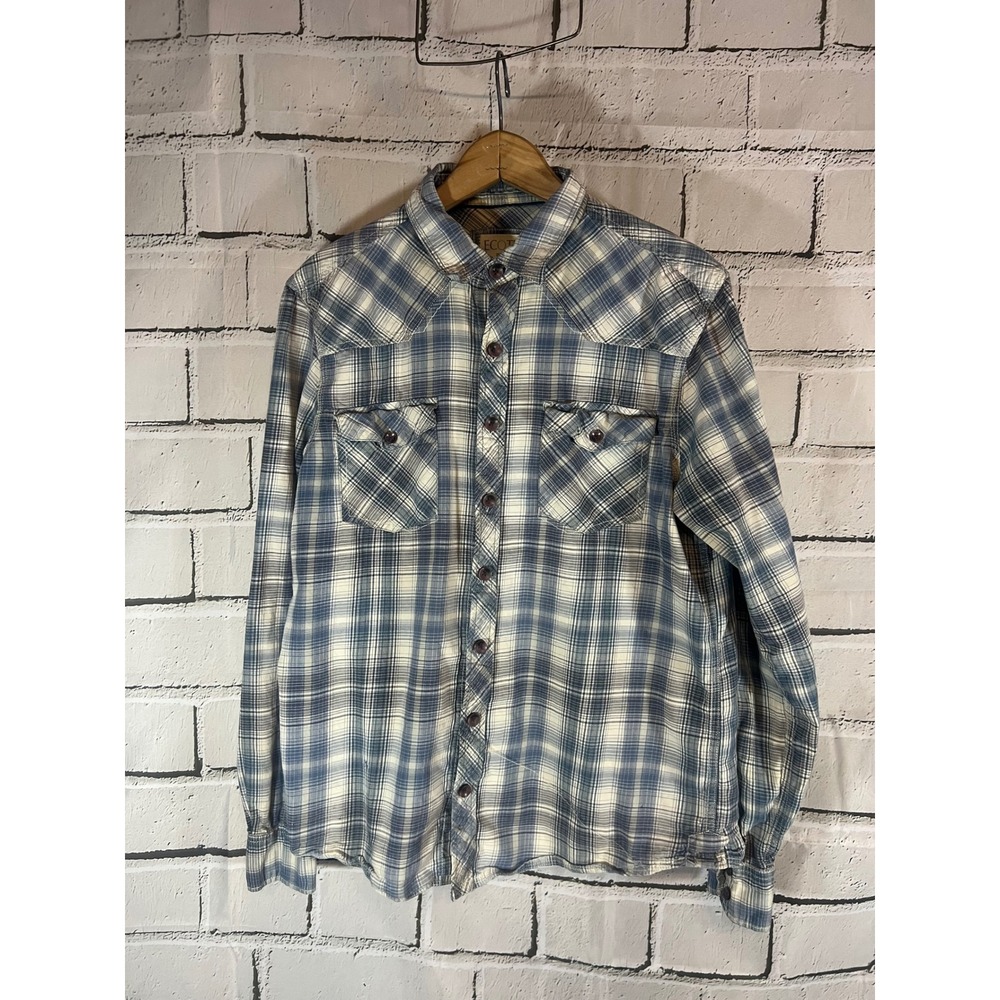 Ecoths Mens Medium Blue Plaid Western Yoke Long Sleeve Button Down Shirt